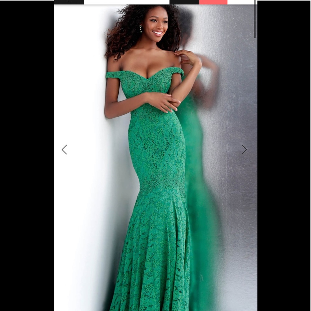 Jovani Green Embellished Lace Shoulder Prom Dress